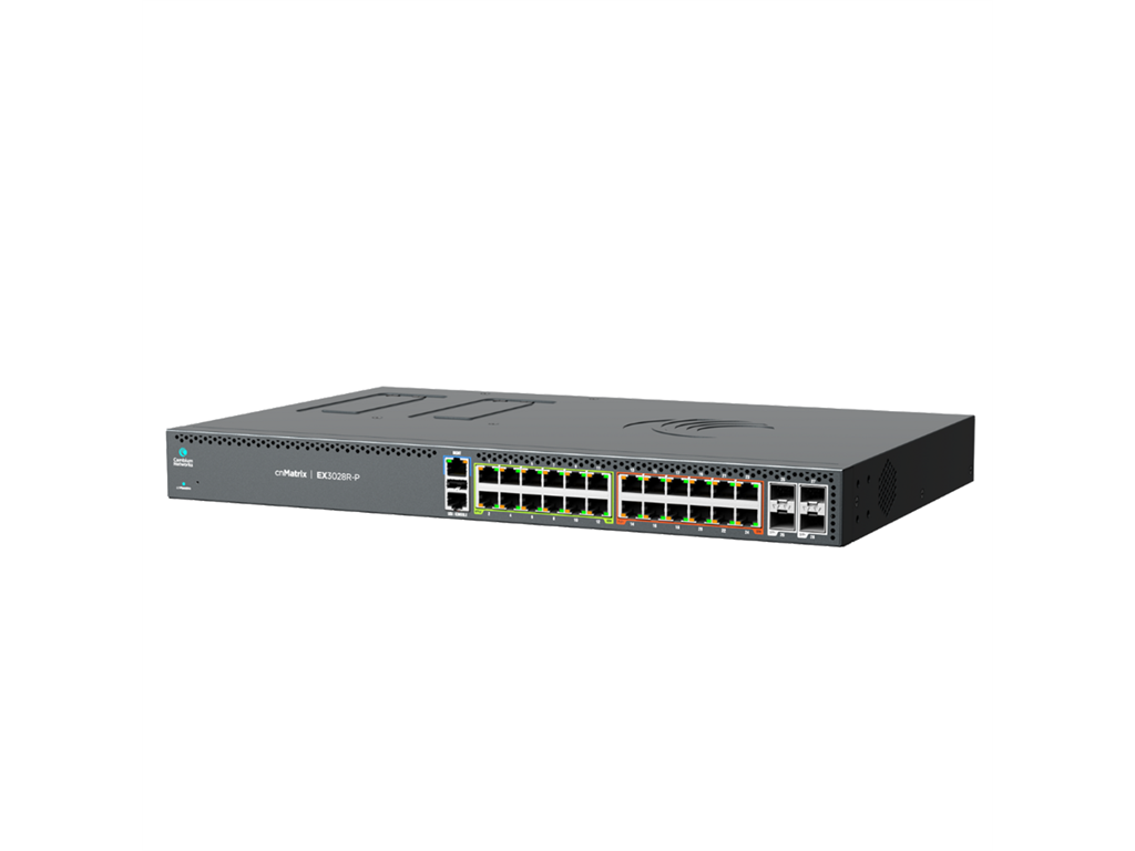 Cambium Networks, cnMatrix EX3028R-P, Intelligent Ethernet Switch, 24 (12 PoE+ ,12 4PPoE (60W)), 4 SFP+, no pow supplies