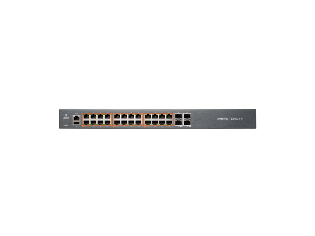 Cambium Networks, cnMatrix EX1028-P, Intelligent Ethernet PoE+ Switch, 24 1Gbps and 4 1Gbps SFP fiber ports - no power c